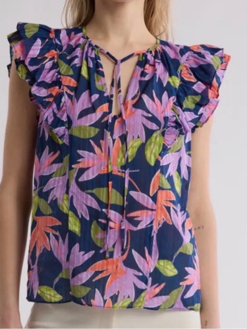 Ramy Brook Floral Flutter Sleeve Tie Neck Blouse Navy Purple XXS